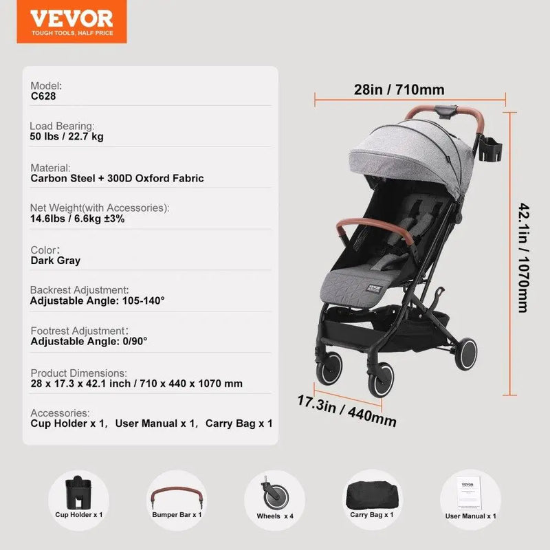 Adjustable Foldable Baby Stroller – Dark Grey